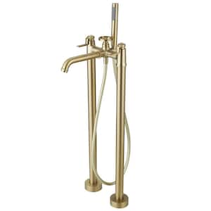 3-Handle Freestanding Floor Mount Roman Industrial Style Tub Faucet Bathtub Filler With Hand Shower In Brushed Gold