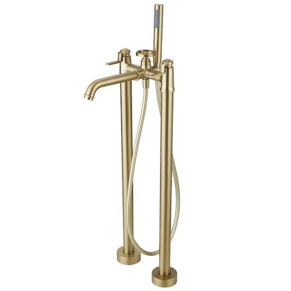 BWE 3-Handle Freestanding Floor Mount Roman Industrial Style Tub Faucet Bathtub Filler With Hand Shower In Brushed Gold