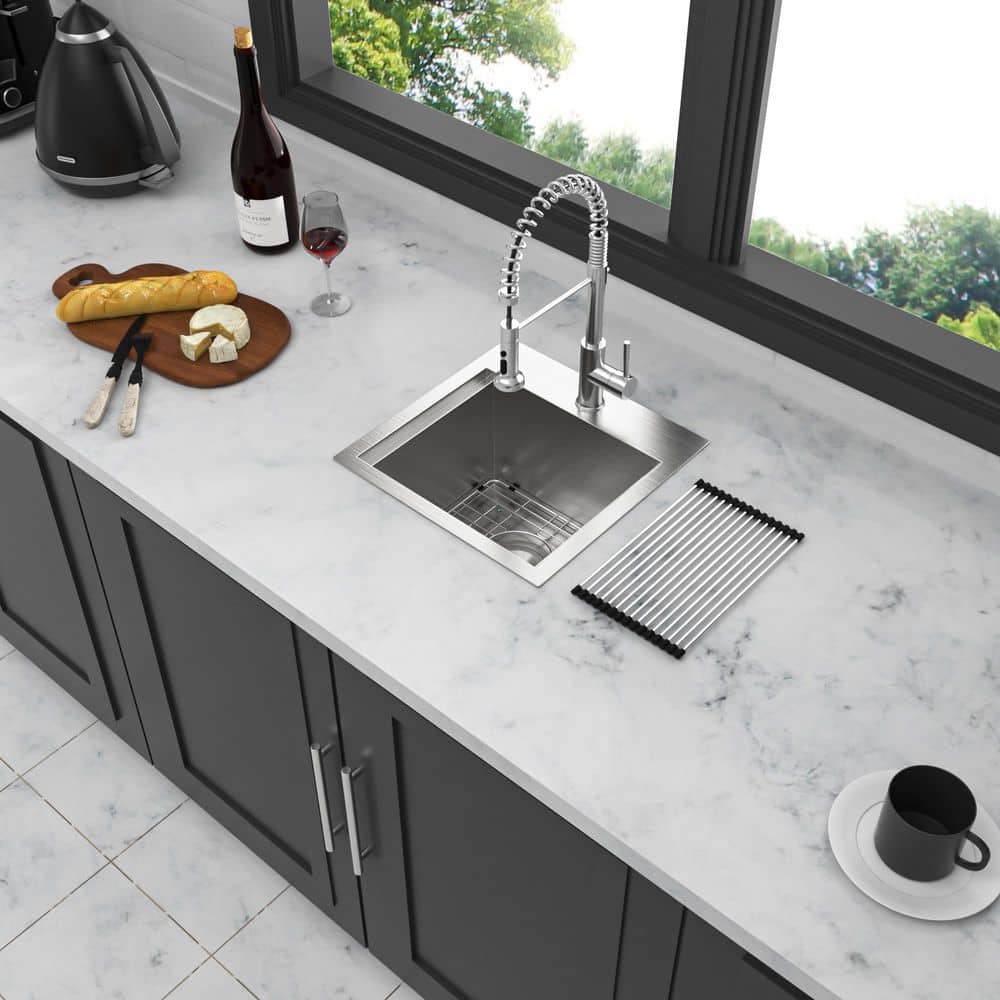 15 in. Drop in Single Bowl 18-Gauge Brushed Nickel Workstation Stainless Steel Kitchen Sink with Bottom Grids -  Qidian, LI124371303