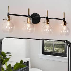 30 in. 4-Light Black Industrial Bathroom Vanity Light, Globe Clear Glass LED Bath Lighting, Modern Indoor Wall Sconce