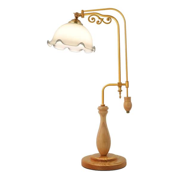 OUKANING 22 in. Wood Retro Lily Glass Gooseneck Table Lamp with White Flower Glass Lampshade
