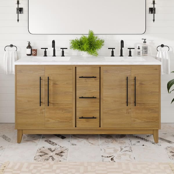 Eviva Graham 60 in. Double Sink Oak Bath Vanity with White Arabescato Engineered Stone Top (Assembled)