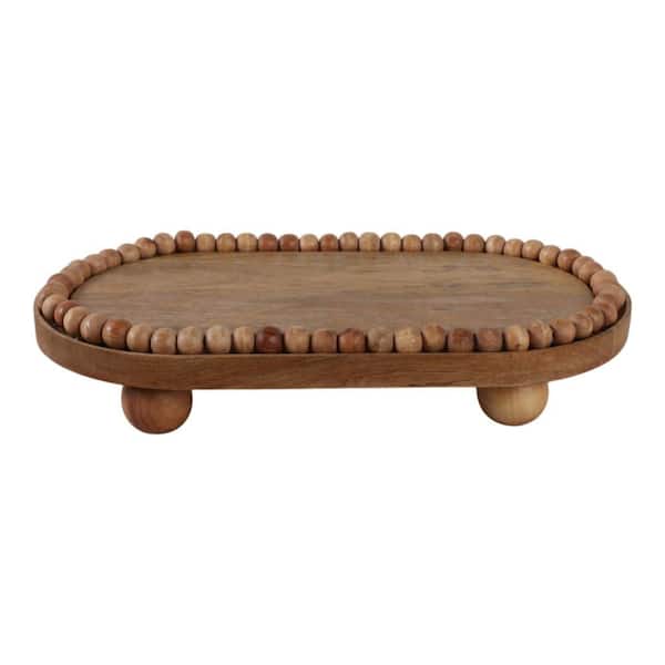 Brown 18 in. Mango Wood Decorative Tray with Beaded Border and Footed Base