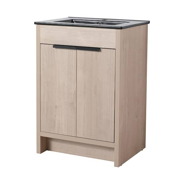 24 in.W x 18.31 in.D x 34.25 in.H Freestanding Bath Vanity in Plain Light Oak with Single Black Ceramic Sink Top