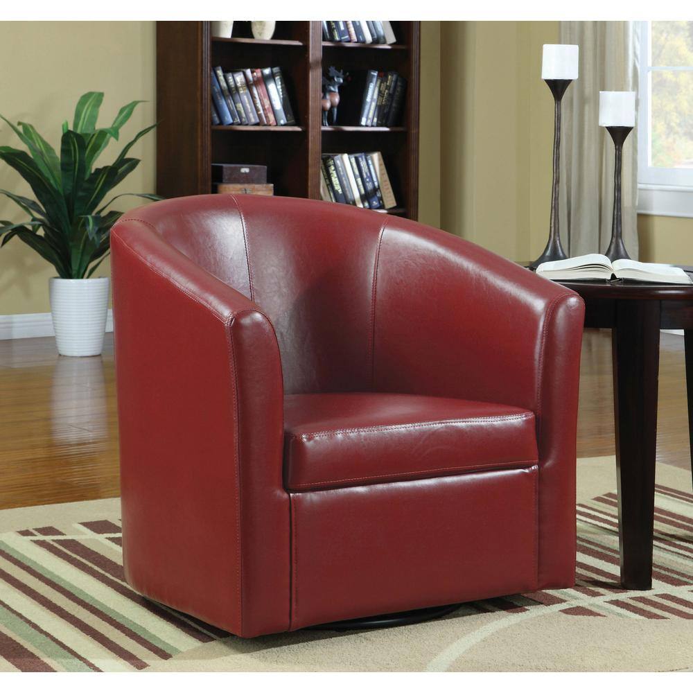 Red Faux Leather Barrel Swivel Accent Chair