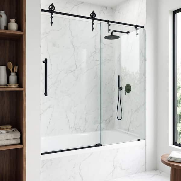 Hamilton 56 in. to 60 in. W x 68 in. H Aerodynamic Frameless Sliding Tub Door in Matte Black with Clear Glass