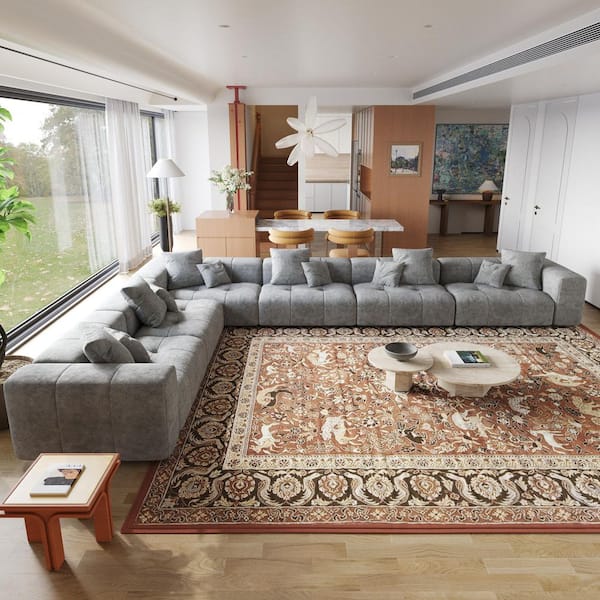 183.54 in. Square Arm Linen Oversized 6-Piece Sponge Modular Free Combination Sectional Sofa with Soft Cushion in. Gray