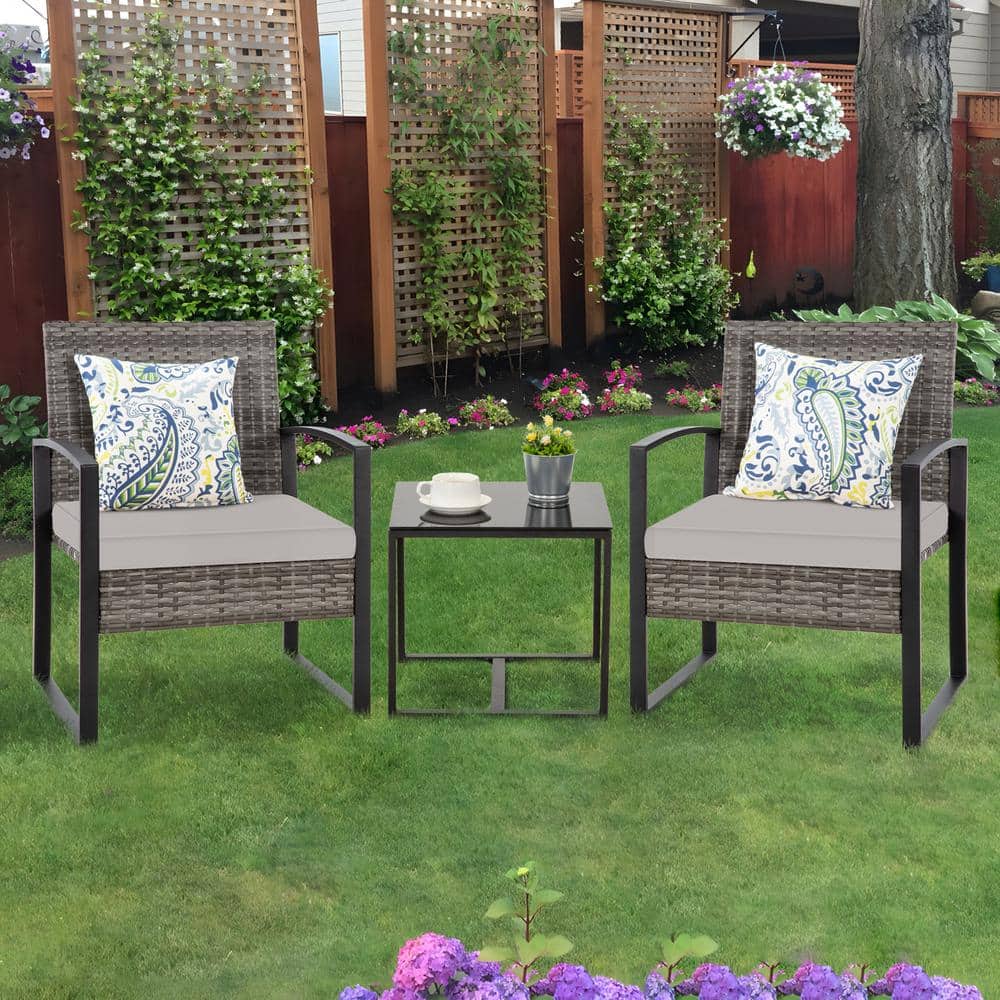 3-Piece Wicker Outdoor Sectional Sofa, Conversation Sets with Gray Cushions