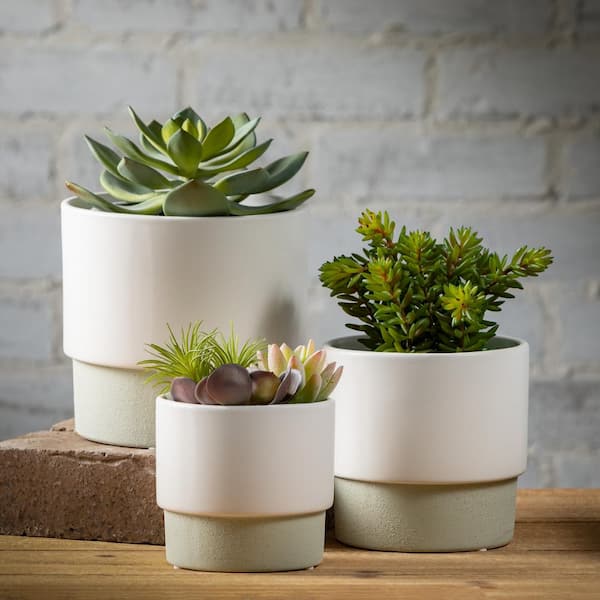 SULLIVANS 6", 5.25" and 4.25" White and Green Ceramic Rimmed Two-Toned Pots (Set of 3)