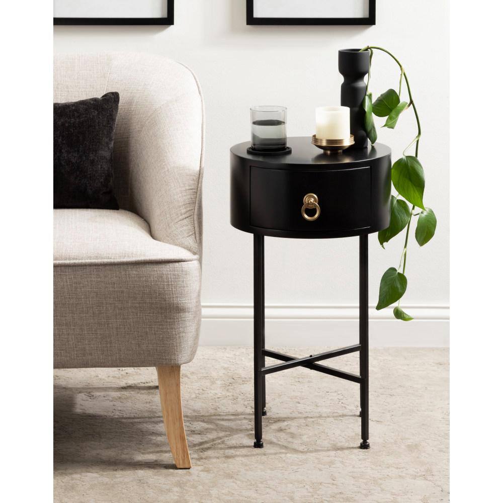 Black and Gold Round Wood Side Table with Storage