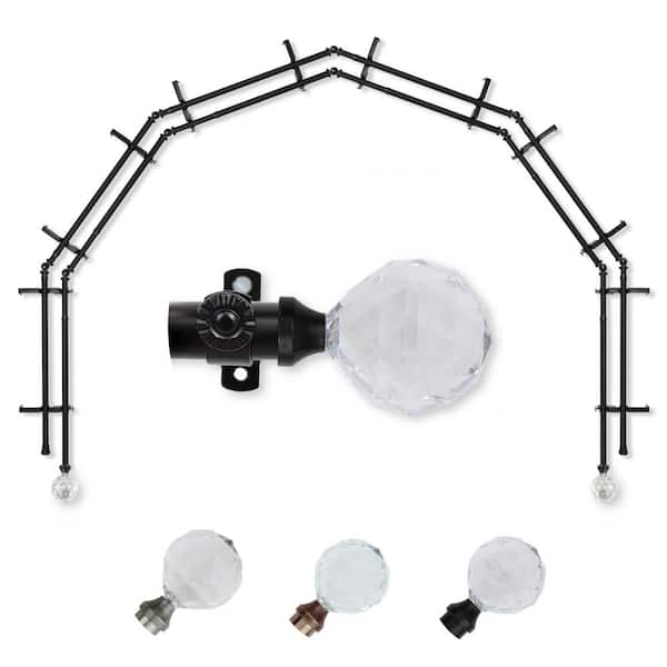 EMOH 13/16" Dia Adjustable 6-Sided Double Bay Window Curtain Rod 28 to 48" (each side) with Leticia Finials in Black