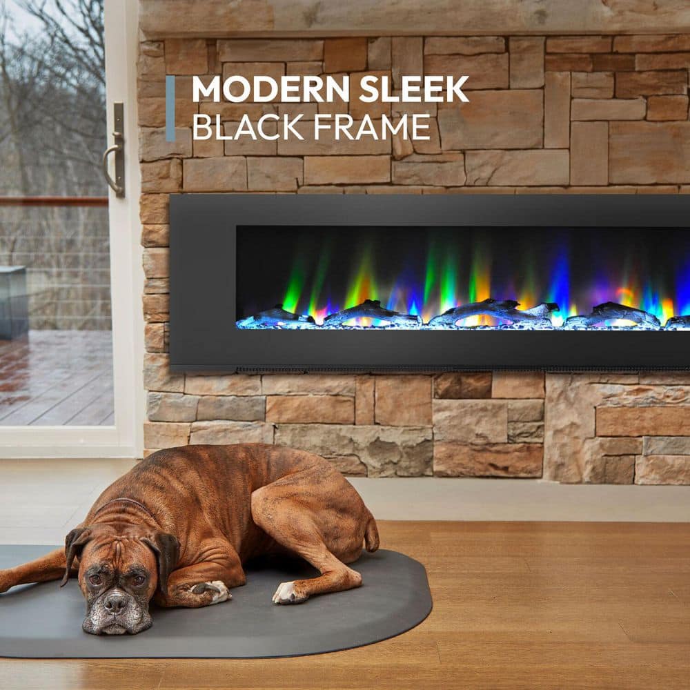72-Inch Black Wall Mount Electric Fireplace with Multicolor LED Flames