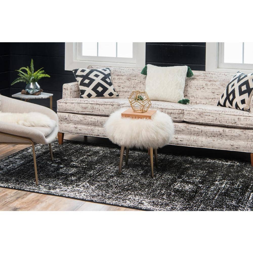 Modern Distressed Black & Ivory Rectangular Area Rug