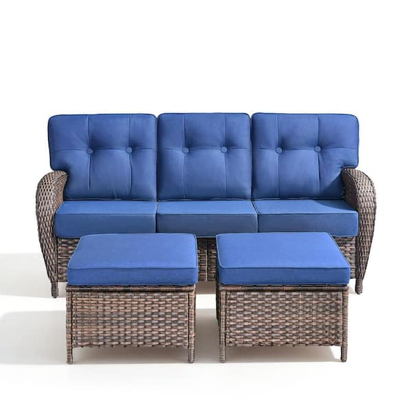 3-Seat Wicker Outdoor Patio Sofa Sectional Couch with Blue Cushions and Ottomams