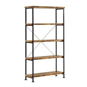 Rustically Designed 63 in. Brown/Black Metal 5-shelf Standard Bookcase with Open Back