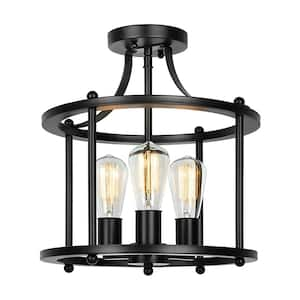 3-Light Farmhouse Semi Flush Mount-Black, Vintage Ceiling Fixture for Entryway