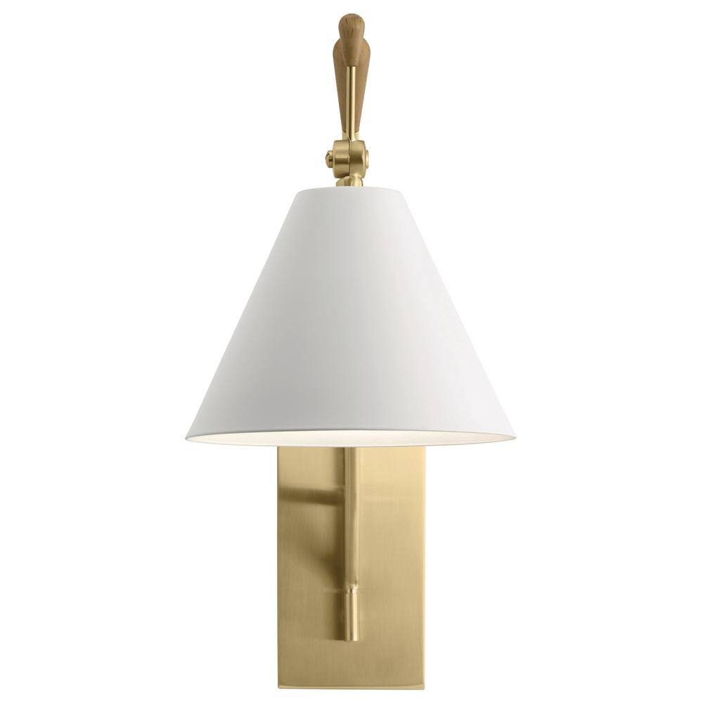 Champagne Gold Swing Arm Wall Sconce with Natural Maple Accents