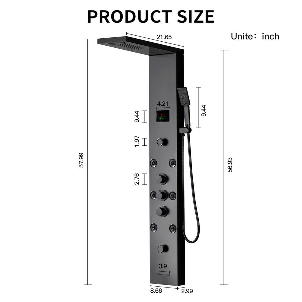 Matte Black 59'' Multi-Function Shower Panel System