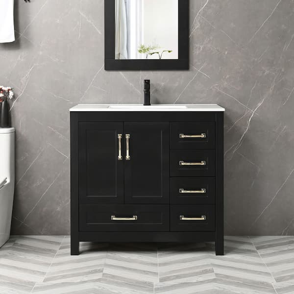 36 in. W x 18.3 in. D x 34 in. H Single Sink Freestanding Black Bath Vanity with White Integrated Composite Resin Top