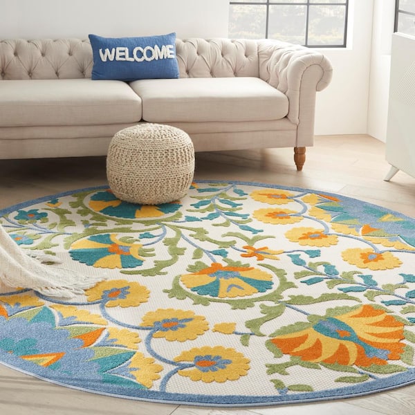 Aloha Multicolor 8 ft. x 8 ft. Round Floral Contemporary Indoor/Outdoor Patio Area Rug