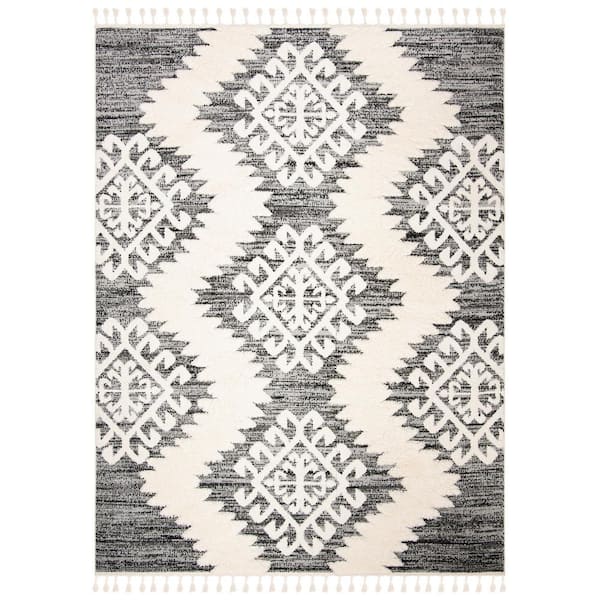 SAFAVIEH Moroccan Tassel Shag Ivory/Gray 8 ft. x 10 ft. Geometric Area Rug