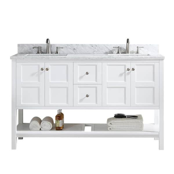 YASINU YN20 60 in. W x 22.05 in. D x 39.8 in. H Bathroom Vanity in White With White Marble Counter Top Double Sink