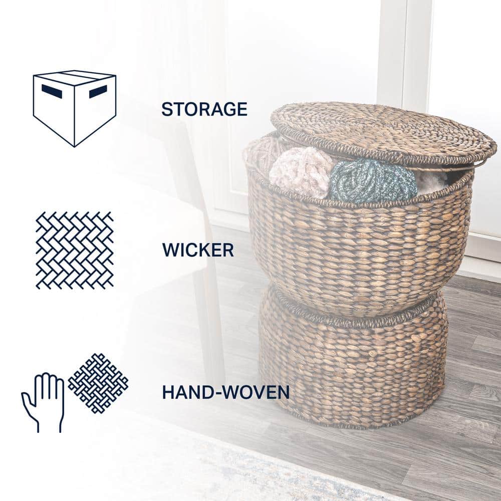 18" Brown Wash Handwoven Hyacinth Storage Accent Table