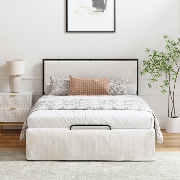 JAYDEN CREATION Nicky White Wooden and Metallic Frame Queen Platform Bed Set with Upholstery and Bed Skirt