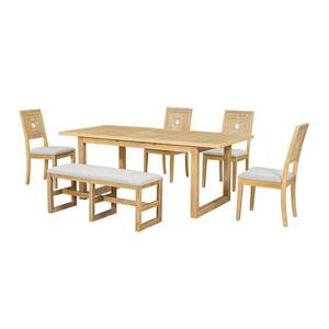 Modern 6-Piece Natural and Beige Rectangle Wood Top Dining Set 18 in. Butterfly Leaf, 4- Upholstered Chairs and Bench