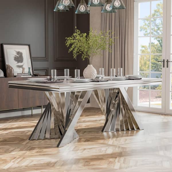 Furniture of America Culve Chrome and White Sintered Stone Top 79 in. Double Pedestal Dining Table with Base Configurations (Seats 6)