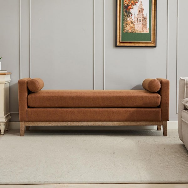 Thekla Elegant 66.34 in. Brown PU Upholstered Bench with Solid Wood Legs and 2 Bolster Pillows