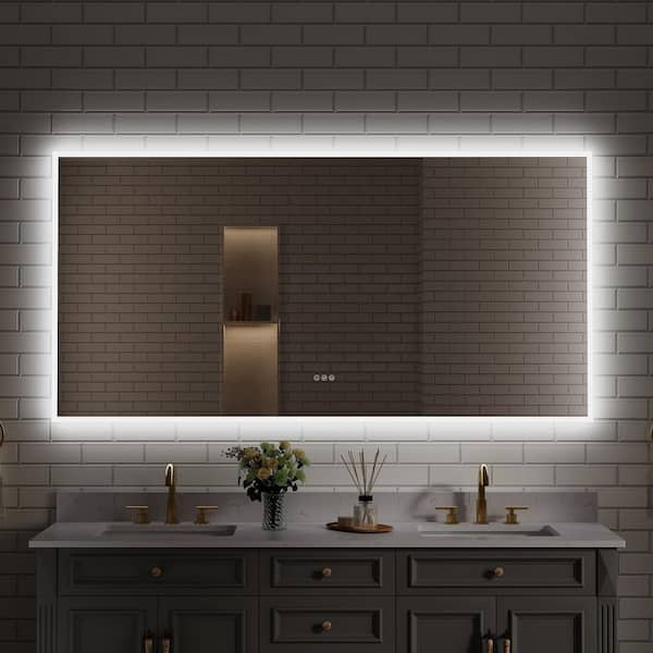 72 in. W x 36 in. H Rectangular Frameless Anti-Fog LED Light Wall Bathroom Vanity Mirror Frontlit and Backlit