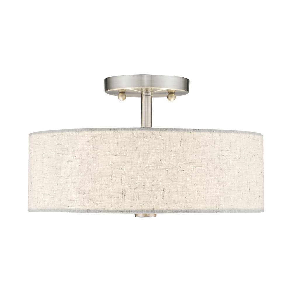 Elegant Meridian Brushed Nickel Drum Ceiling Light with Oatmeal Fabric Shade