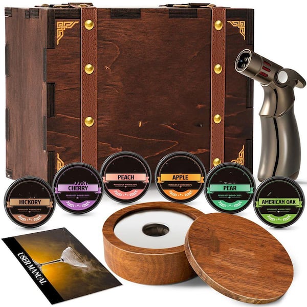 1-Kit Brown Wood Whiskey Smoker Kit with Torch and Wooden Box for Old Fashioned Bourbon Drink Smoking