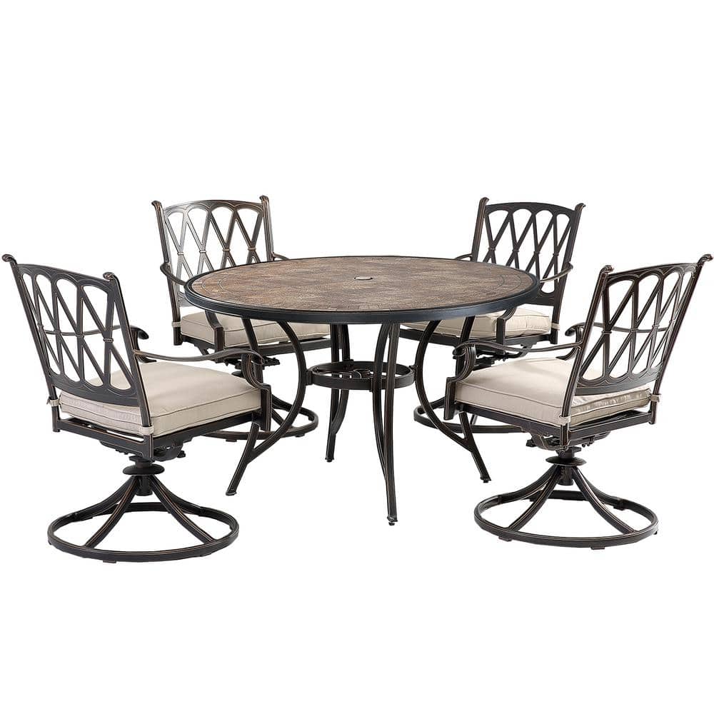 5-Piece Aluminum Frame Outdoor Dining Set Swivel Chairs and Ceramic Tile Top Table Set with Beige Cushions