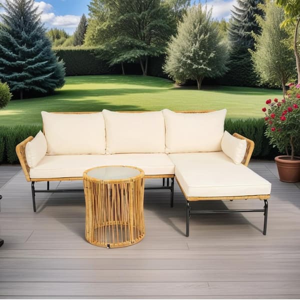 Unbranded 3-Piece Wicker Outdoor Patio Sectional Sofa Furniture Set, Natural Yellow Wicker Plus with Matching Cream Cushions