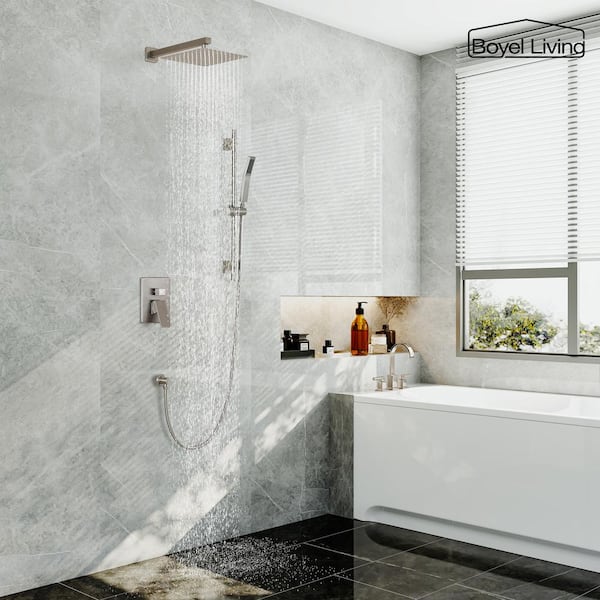 1-Spray Patterns with 2.5 GPM 10 in. Wall Mount Dual Shower Heads with Pressure Balance Valve in Brushed Nickel