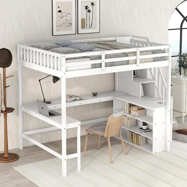 Harper & Bright Designs White Wood Full Size Loft Bed with L-Shaped ...