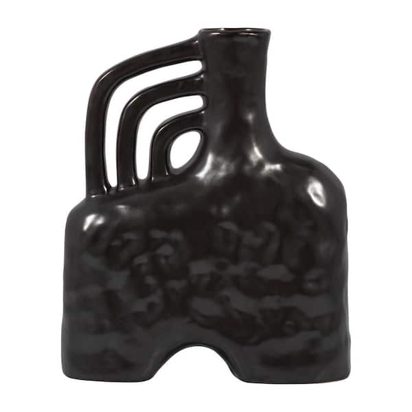 Liv & Skye 12 in. Black Ceramic Geometric Decorative Vase with Metallic Triple Handles
