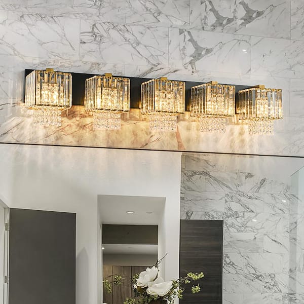 LLHZSY Schonbek 39.37 in. 5-Light Modern Black and Gold Crystal Vanity Light for Bathroom with Crystal Beads