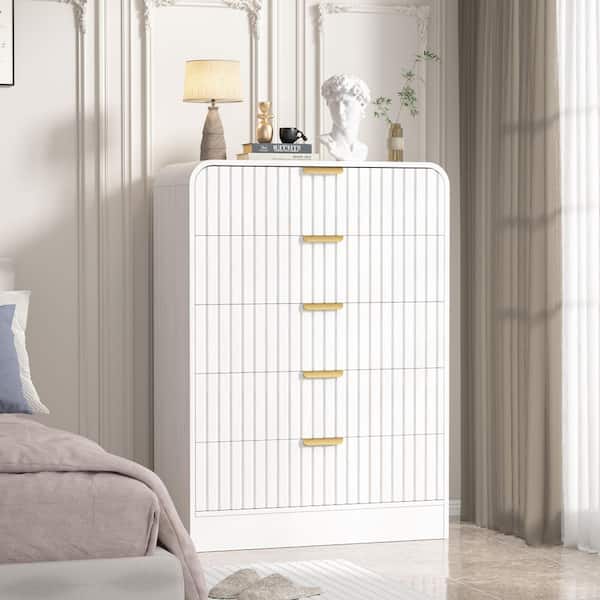 White 5-Drawer 31.5 in.W MDF Chest of Drawers, Waveform Fluted Design Bedroom Dresser, Round Corner