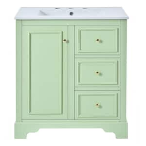 30 in. W Freestanding Bath Vanity in Green with White Ceramic Basin Top, 3-Drawers and Adjustable Shelves