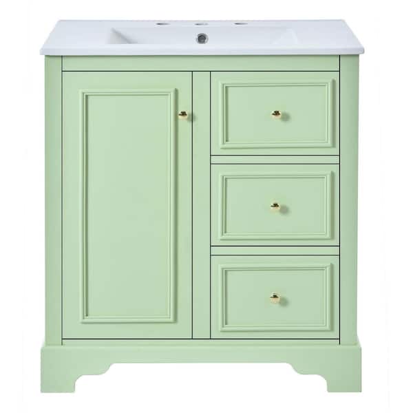 30 in. W Freestanding Bath Vanity in Green with White Ceramic Basin Top, 3-Drawers and Adjustable Shelves