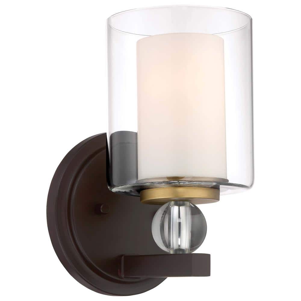 Bronze and Brass Cylinder Vanity Wall Sconce with Clear Glass