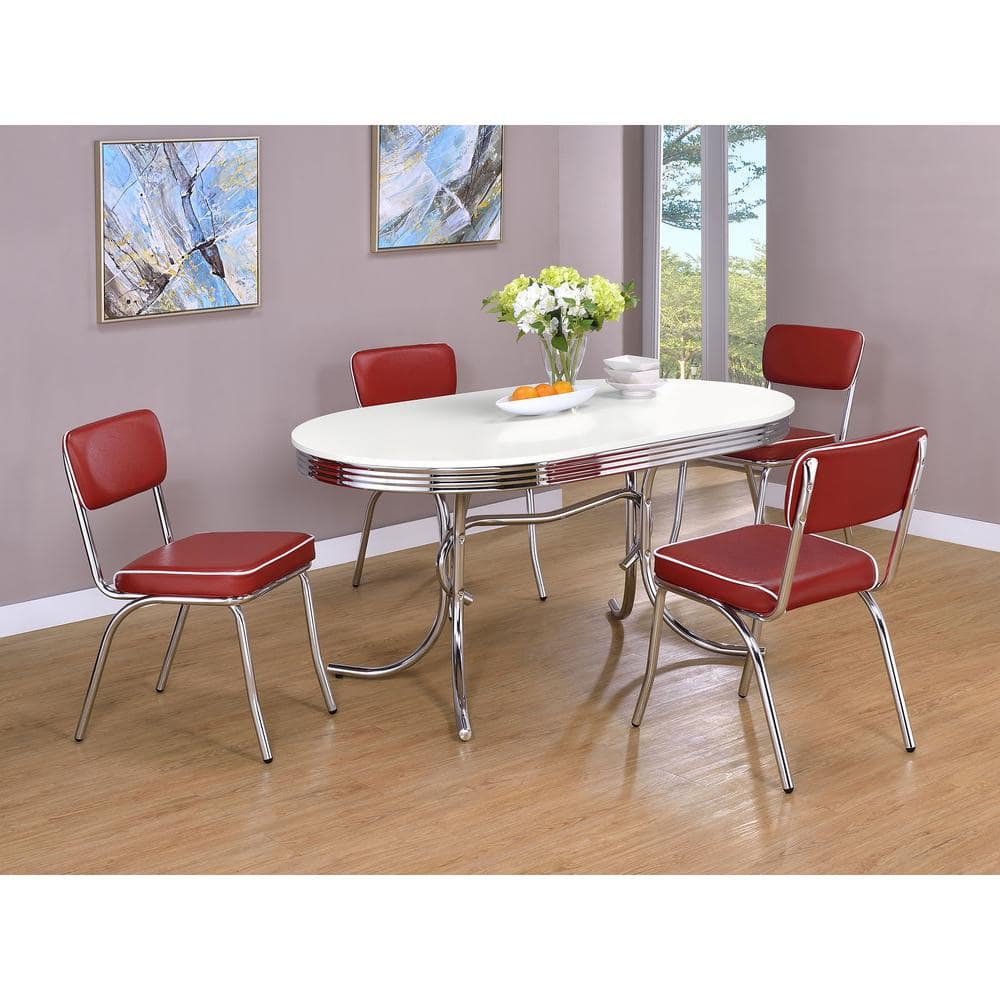 Retro Glossy White and Red Oval Dining Set with Chrome Legs