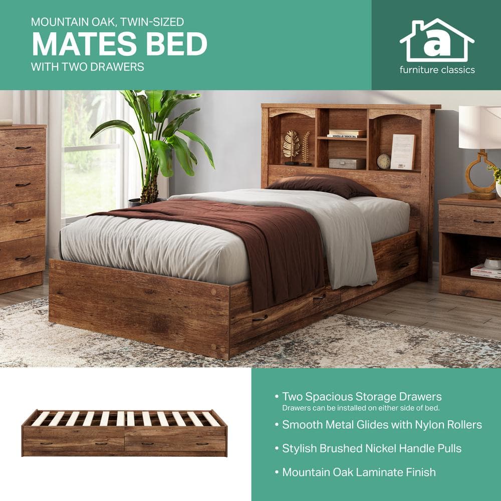 Twin Mountain Oak Platform Bed with 2 Storage Drawers