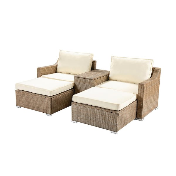 Anvil Modern 5-Piece 2-Person Wicker Rattan Patio Conversation Sectional Seating Set with Beige Cushion