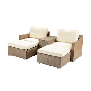 Modern 5-Piece 2-Person Wicker Rattan Patio Conversation Sectional Seating Set with Beige Cushion