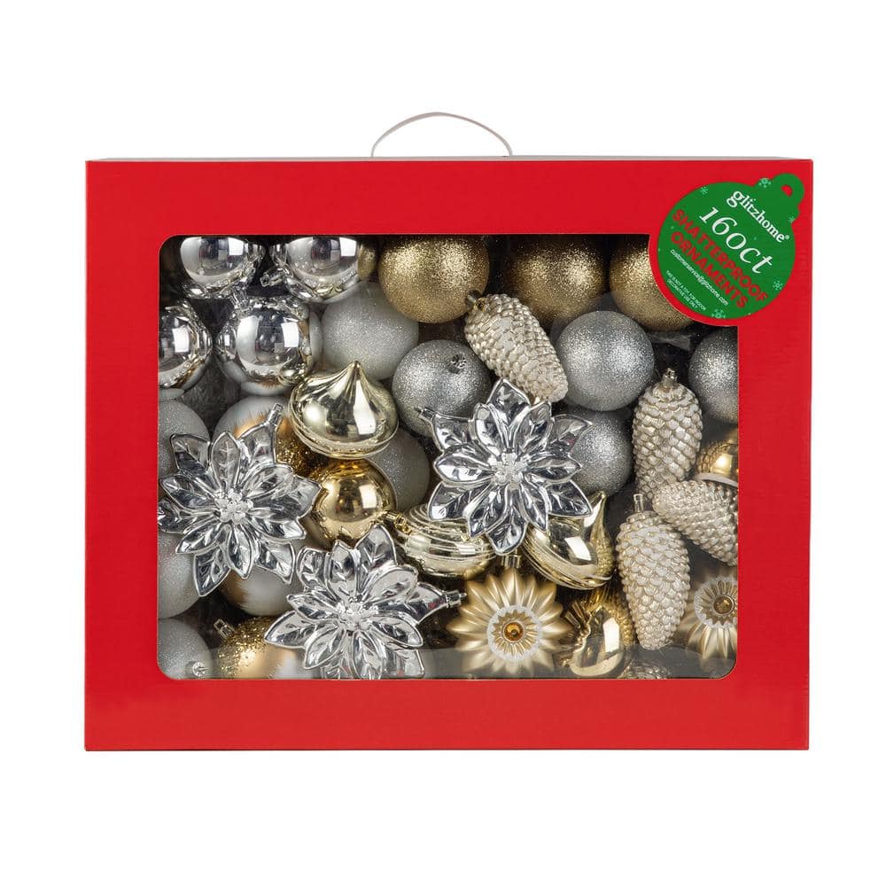 Glitzhome 160 CT Christmas Elegant Silver and Gold Deluxe Boxed Shatterproof Ornaments