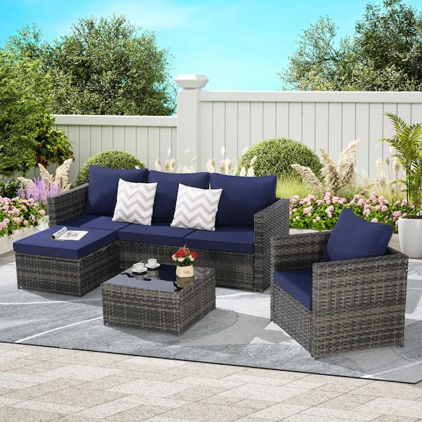 5-Piece Wicker Patio Conversation Sectional Sofa Set with Blue Cushions